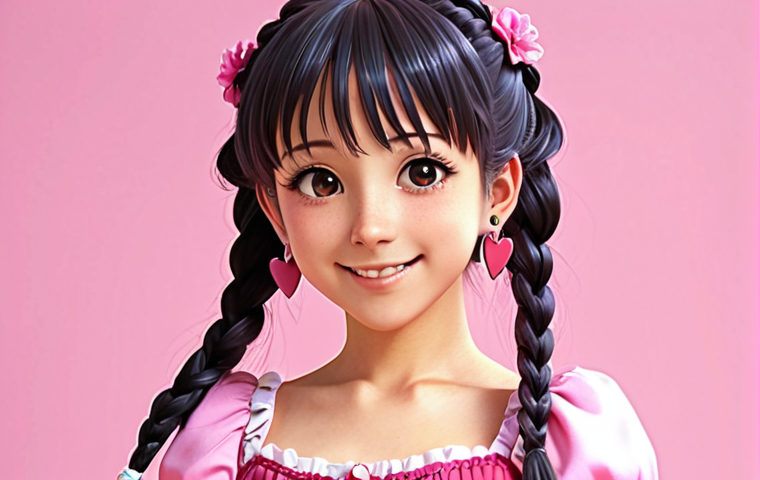 **Cute Anime Girl in Pink Dress:** A cheerful anime girl named Luna with a pink dress, heart earrings, and braided hair, radiating a sweet and gentle aura. Focus on a bright, vibrant color palette to emphasize her "sweet girl" style.