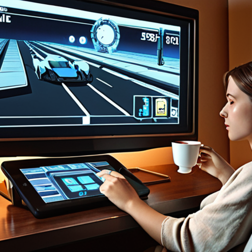 A modern individual (female, 30s) relaxed at home, enjoying a personal hobby like reading or a cup of tea. In the background or on a nearby screen, a tablet or phone subtly displays 'Reverse: 1999' running in auto-battle mode. The scene highlights efficiency and freedom gained, showing a harmonious balance between gaming and real-life activities. Emphasize comfort, smart time management, and a serene atmosphere. Art style inspired by Reverse: 1999's unique retro-futuristic, slightly melancholic aesthetic.