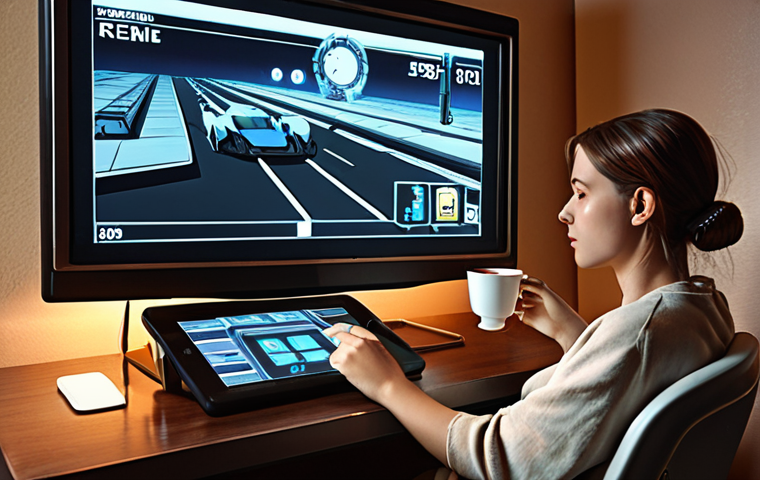A modern individual (female, 30s) relaxed at home, enjoying a personal hobby like reading or a cup of tea. In the background or on a nearby screen, a tablet or phone subtly displays 'Reverse: 1999' running in auto-battle mode. The scene highlights efficiency and freedom gained, showing a harmonious balance between gaming and real-life activities. Emphasize comfort, smart time management, and a serene atmosphere. Art style inspired by Reverse: 1999's unique retro-futuristic, slightly melancholic aesthetic.